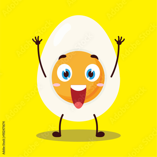 cute rise hand happy expression of half boiled egg cartoon character