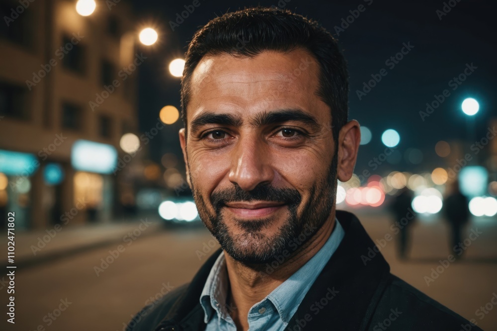 Close portrait of a smiling 40s Iraqi man looking at the camera, Iraqi city outdoors at night blurred background Close portrait of a smiling 40s Iraqi man looking at the camera, Iraqi city outdoors at night blurred background