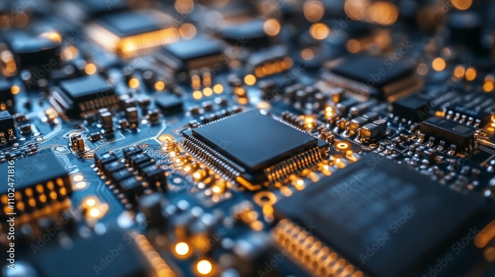 Delicate electronic components intertwine on a circuit board, with warm lights illuminating the network of pathways and connections in the dark Delicate electronic components intertwine on a circuit board, with warm lights illuminating the network of pathways and connections in the dark