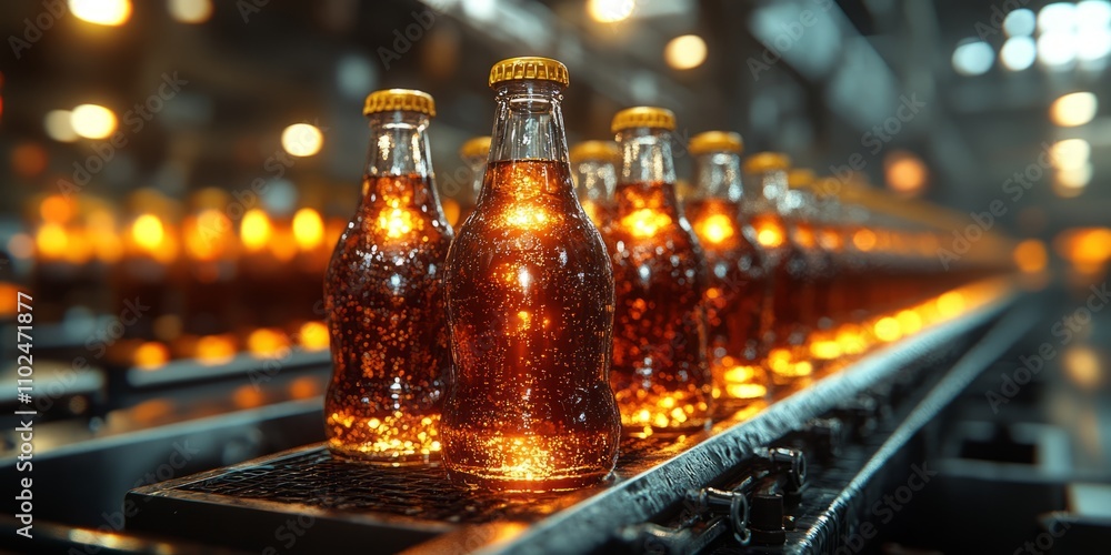 A row of sparkling bottles filled with a fizzy drink glimmers under bright factory lights, showcasing the hustle and bustle of beverage production A row of sparkling bottles filled with a fizzy drink glimmers under bright factory lights, showcasing the hustle and bustle of beverage production