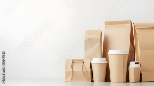 Eco-friendly packaging: biodegradable coffee cups and kraft bags for sustainable living photo