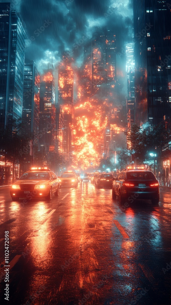 Bright flames erupt from skyscrapers as rain pours down on the bustling city streets filled with emergency vehicles, creating a surreal atmosphere at night Bright flames erupt from skyscrapers as rain pours down on the bustling city streets filled with emergency vehicles, creating a surreal atmosphere at night