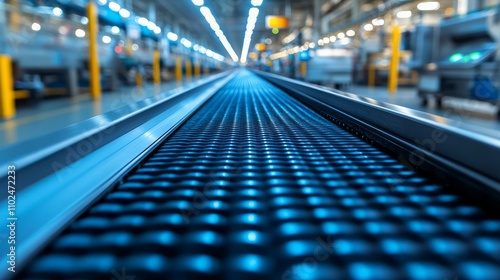 A long conveyor belt stretches through a factory, with vibrant blue lights reflecting off its surface, showcasing the efficient movement of products