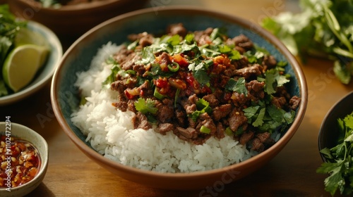 Savory Beef Stir Fry on Rice with Fresh Herbs and Spices