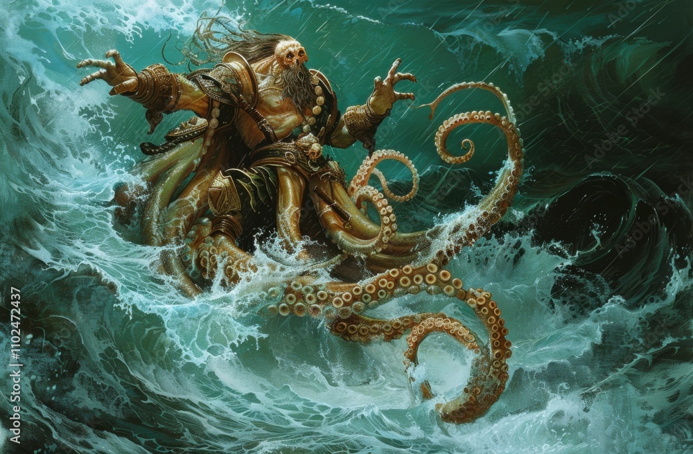 Kraken-like creature, stormy sea, gold armor. Kraken-like creature, stormy sea, gold armor.
