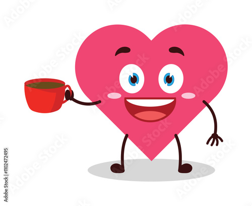 cute cheerful expression of heart cartoon character carry cup of coffee