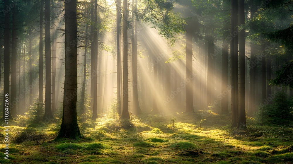 Obraz premium Pine forest with sunlight or sunbeam