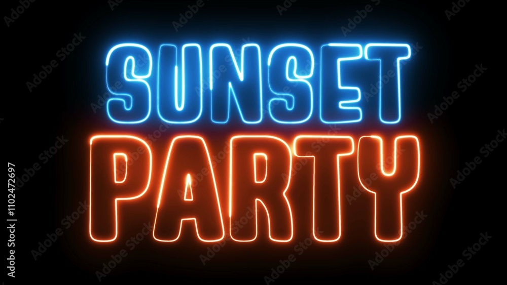 Sunset Party neon sign. Sunset Party text font with neon light. Luminous and shimmering haze inside the letters of the text Sunset Party. Sunset Party neon sign. Sunset Party text font with neon light. Luminous and shimmering haze inside the letters of the text Sunset Party.