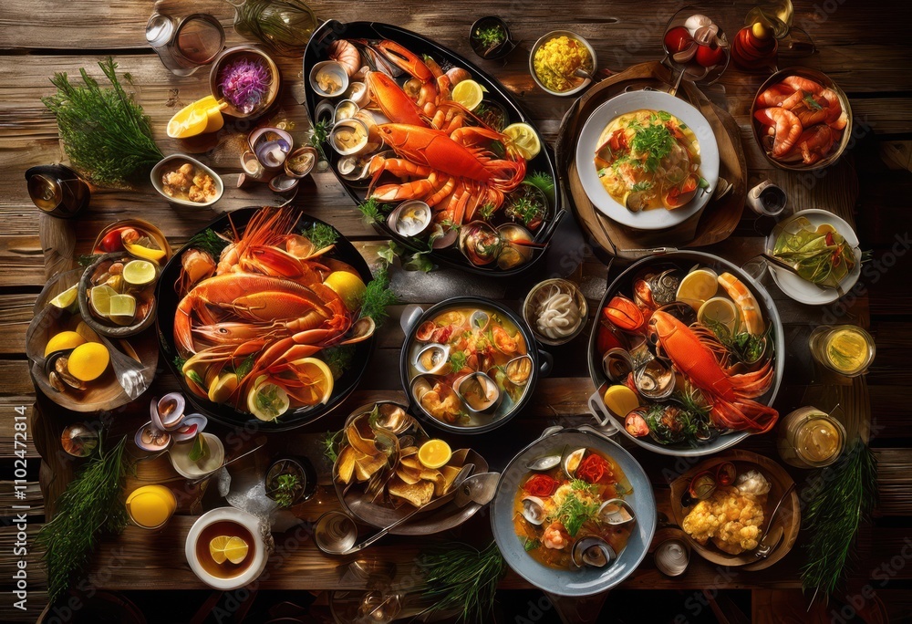 vibrant colorful seafood spread displayed rustic textured wooden tables fresh ingredients garnishes, platter, shrimp, cocktail, crab, legs, fish, grilled vibrant colorful seafood spread displayed rustic textured wooden tables fresh ingredients garnishes, platter, shrimp, cocktail, crab, legs, fish, grilled