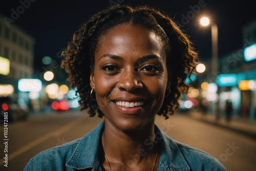 Close portrait of a smiling 40s Jamaican woman looking at the camera, Jamaican city outdoors at night blurred background photo