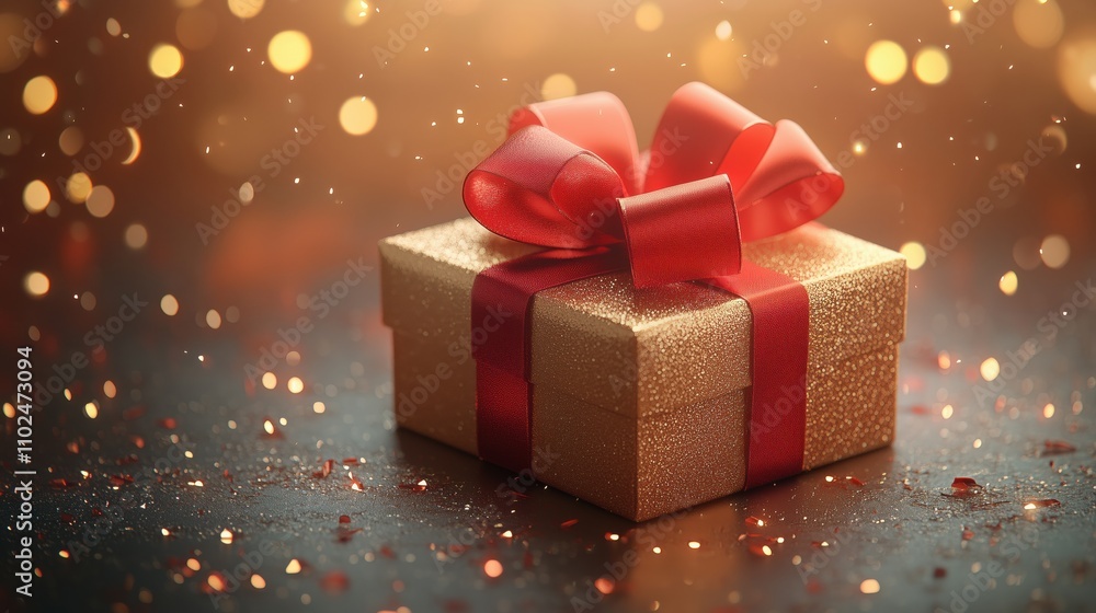 A gift box with a large red bow on a shiny golden background, festive mood A gift box with a large red bow on a shiny golden background, festive mood