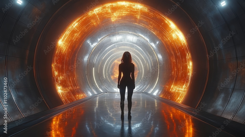A solitary figure stands in a glowing tunnel, its walls radiating warm orange hues A solitary figure stands in a glowing tunnel, its walls radiating warm orange hues