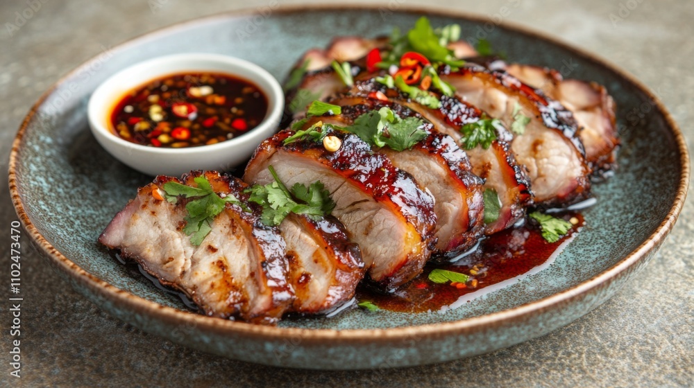 Succulent Sliced Pork with Glaze and Fresh Herbs on Plate Succulent Sliced Pork with Glaze and Fresh Herbs on Plate