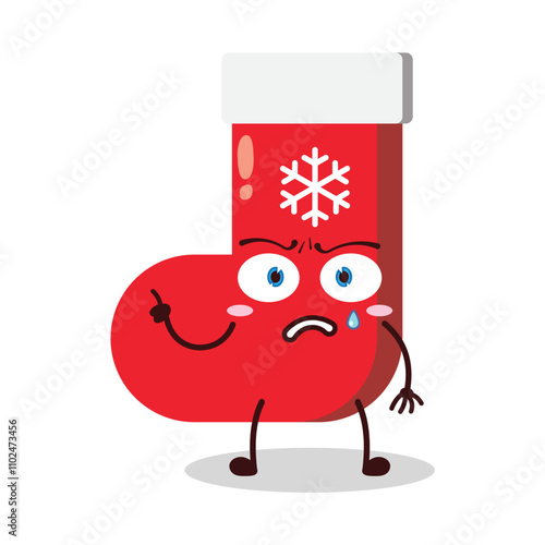 cute nervous expression of Christmas sock cartoon character