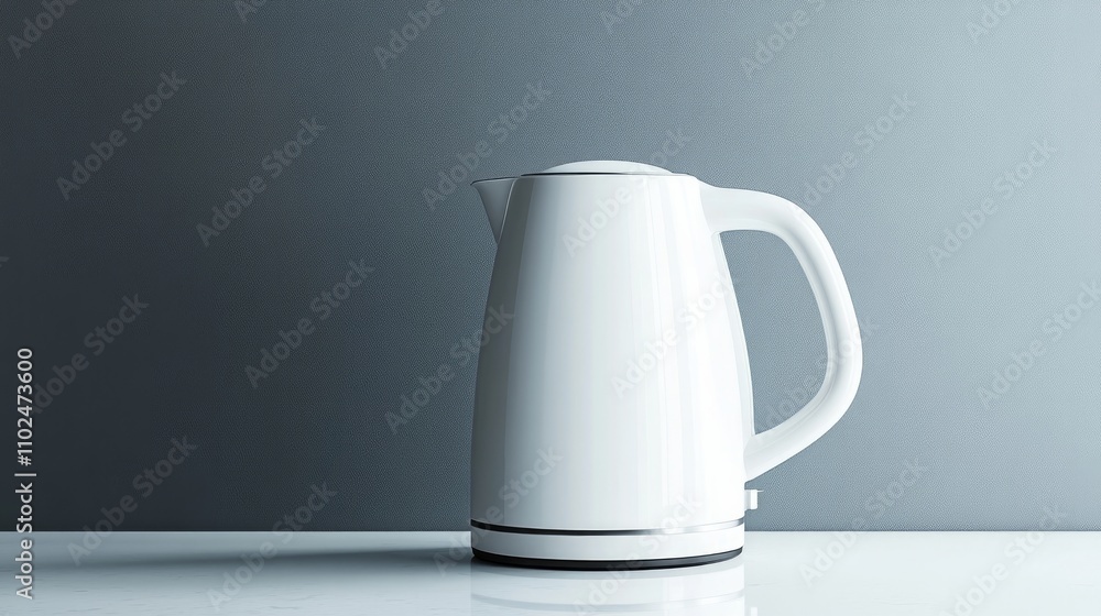 A white electric kettle placed on a spotless countertop with a neutral gray backdrop.
A white electric kettle placed on a spotless countertop with a neutral gray backdrop.