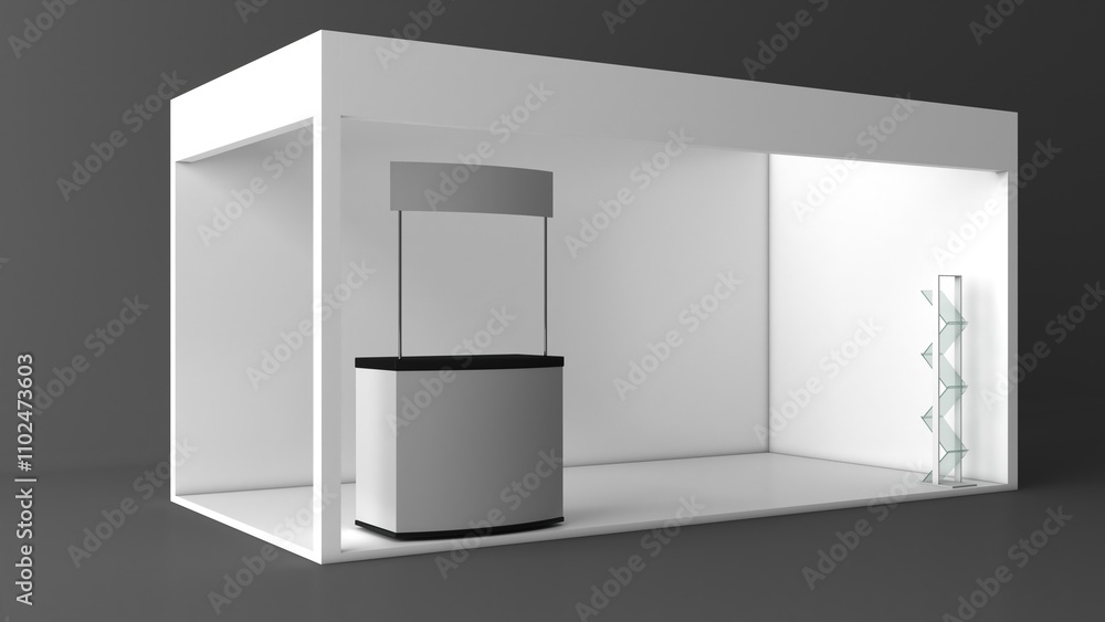 Blank white trade exhibition booth system stand. Trade show booth white and blank. Blank indoor exhibition with work paths Blank white trade exhibition booth system stand. Trade show booth white and blank. Blank indoor exhibition with work paths