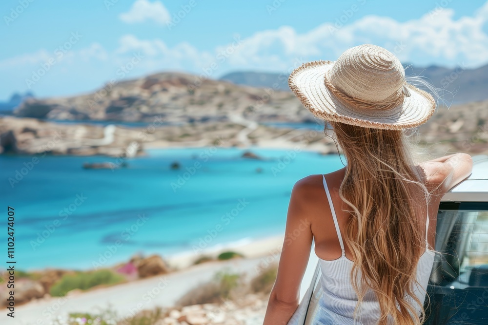 Young Woman Traveler In Hat Near Car Enjoying Summer Holiday By Sea, Dream Vacation Concept Young Woman Traveler In Hat Near Car Enjoying Summer Holiday By Sea, Dream Vacation Concept
