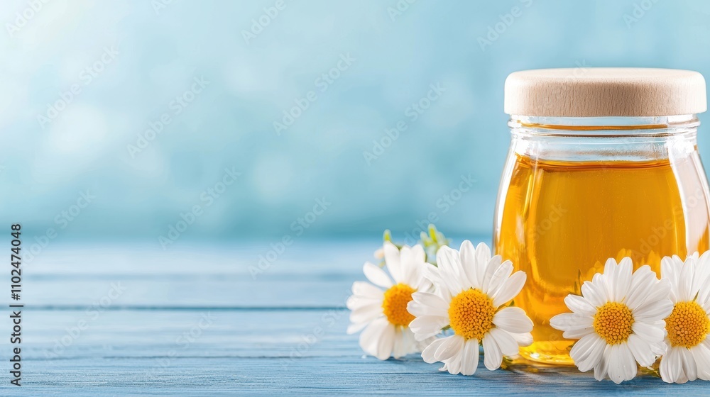 Natural Honey in Glass Jar Surrounded by Fresh Chamomile Flowers Natural Honey in Glass Jar Surrounded by Fresh Chamomile Flowers