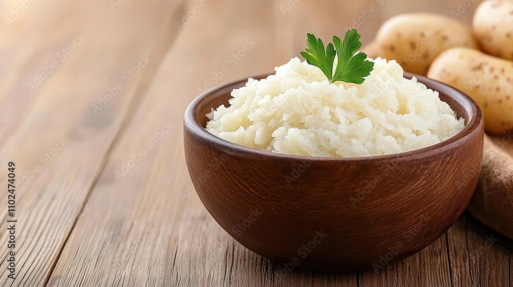 Creamy Mashed Potatoes Served in a Rustic Wooden Bowl Creamy Mashed Potatoes Served in a Rustic Wooden Bowl