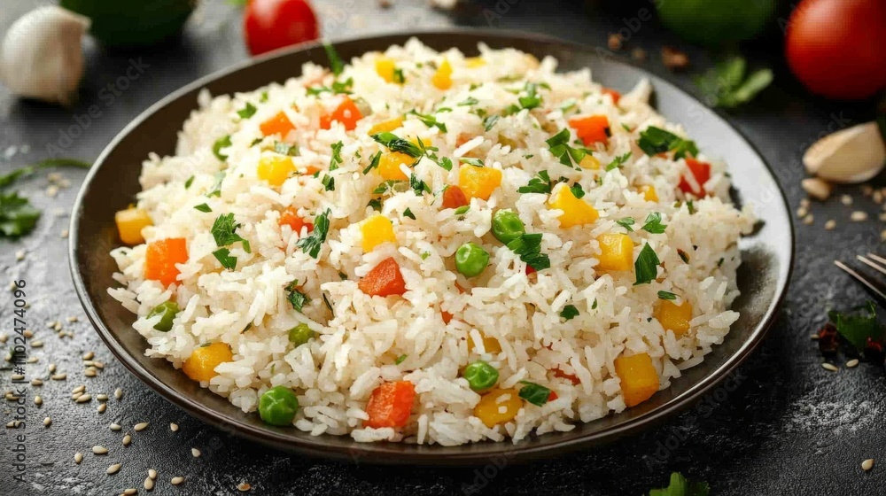 Fresh Vegetable Fried Rice on Dark Stone Table with Ingredients Fresh Vegetable Fried Rice on Dark Stone Table with Ingredients