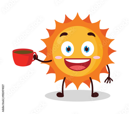 cute cheerful expression of sun cartoon character carry cup of coffee