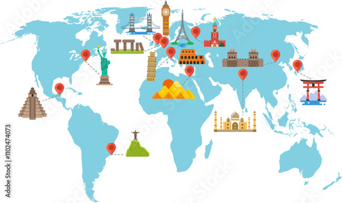 World landmarks tour map. Famous travel places