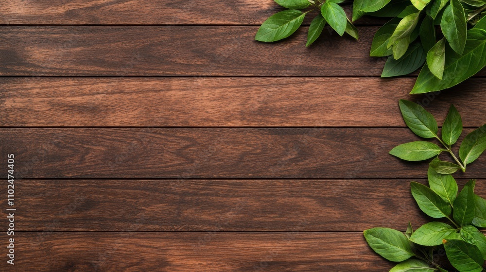 Lush Green Leaves Framing a Rustic Wooden Background for Nature Photography Lush Green Leaves Framing a Rustic Wooden Background for Nature Photography