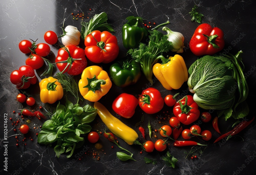 colorful collection fresh ingredients artistically arranged polished marble surface showcasing vibrant textures natural beauty, arrangement, colors, herbs colorful collection fresh ingredients artistically arranged polished marble surface showcasing vibrant textures natural beauty, arrangement, colors, herbs