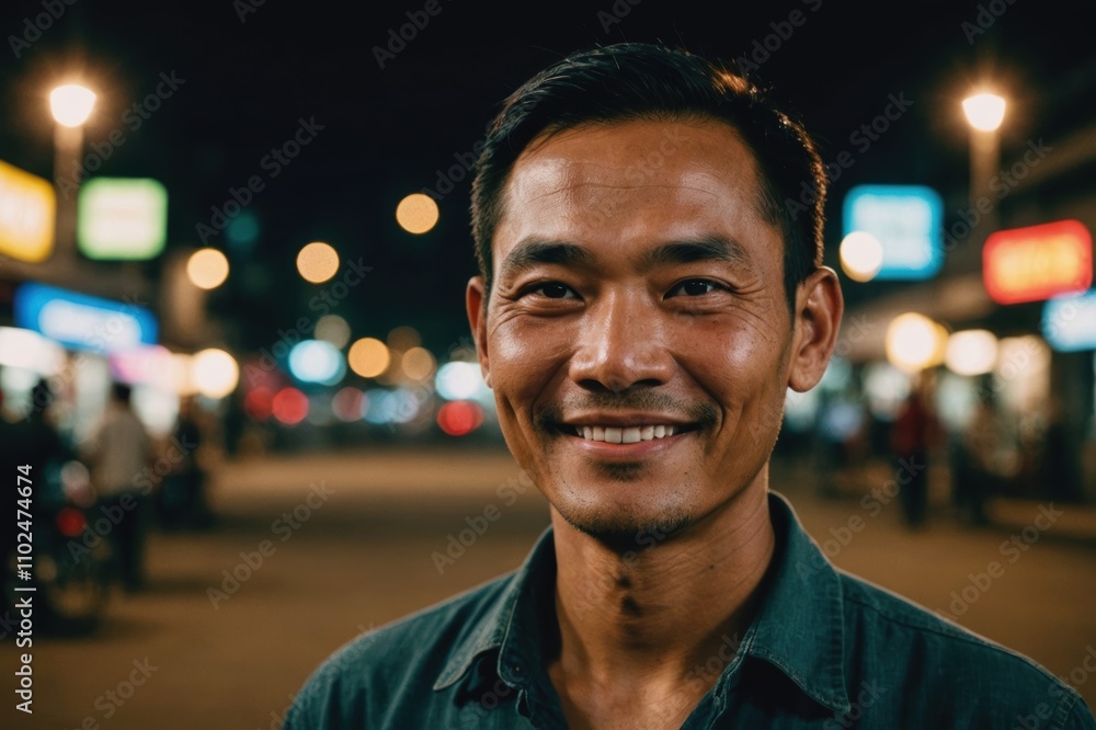 Close portrait of a smiling 40s Lao man looking at the camera, Lao city outdoors at night blurred background Close portrait of a smiling 40s Lao man looking at the camera, Lao city outdoors at night blurred background
