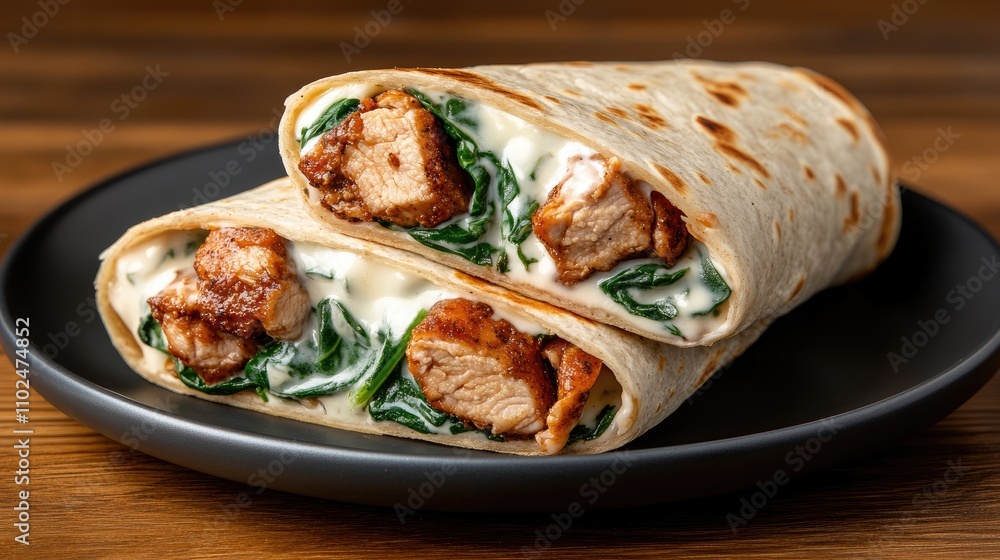 Grilled chicken wrap filled with fresh spinach and melted cheese, beautifully cut in half on a kitchen table, ready to enjoy Grilled chicken wrap filled with fresh spinach and melted cheese, beautifully cut in half on a kitchen table, ready to enjoy