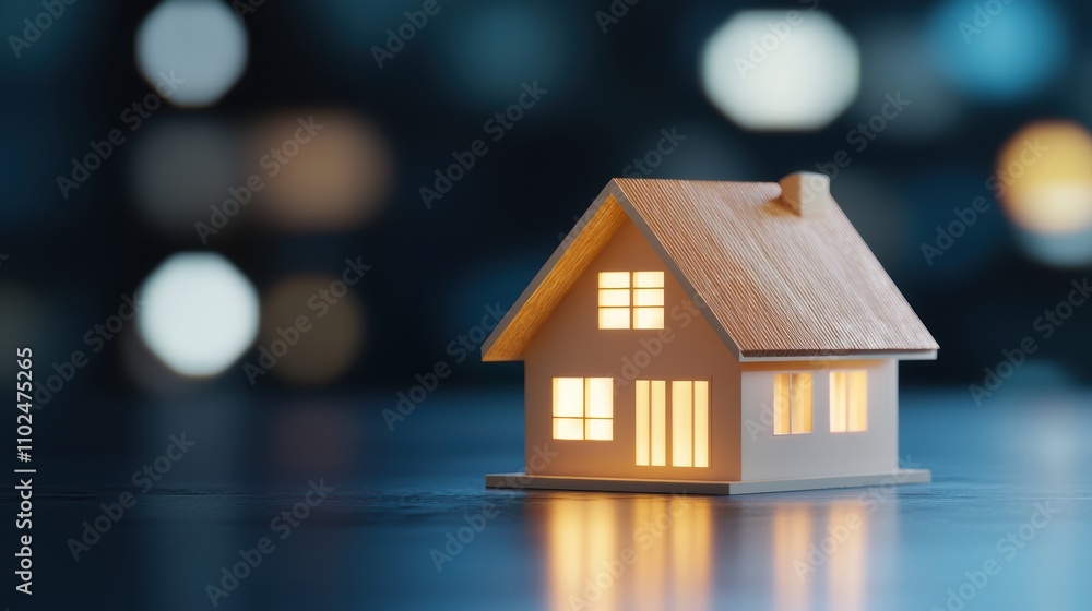 Warmly Lit Model House Against a Soft Bokeh Background at Night Warmly Lit Model House Against a Soft Bokeh Background at Night