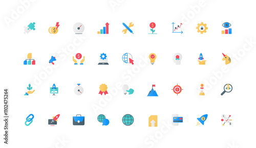 New venture, startup or business project opening and development strategy color icon set. Unicorn and rocket launch, quality and algorithm, creative idea to make money flat element vector illustration