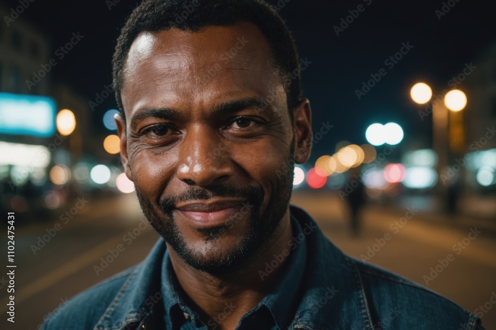 Close portrait of a smiling 40s Lesothan man looking at the camera, Lesothan city outdoors at night blurred background Close portrait of a smiling 40s Lesothan man looking at the camera, Lesothan city outdoors at night blurred background