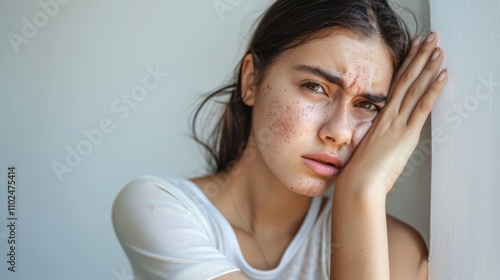 A young woman shows visible signs of an allergic reaction with irritated skin while looking worried. The bright room emphasizes her discomfort and concern