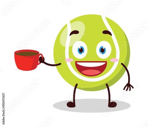 cute cheerful expression of tennis ball character carry cup of coffee