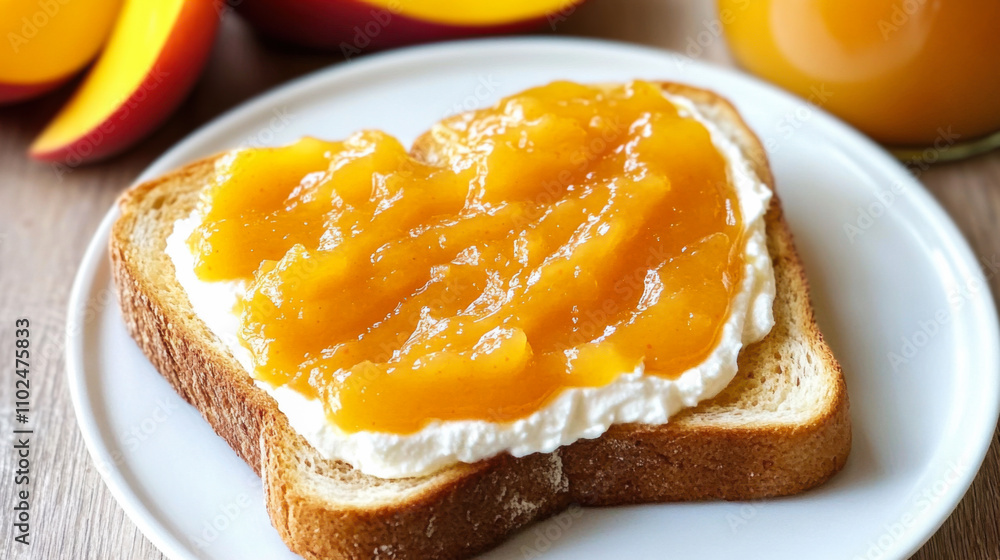 Delicious heart-shaped toast topped with creamy cheese and peach spread for a delightful breakfast treat Delicious heart-shaped toast topped with creamy cheese and peach spread for a delightful breakfast treat