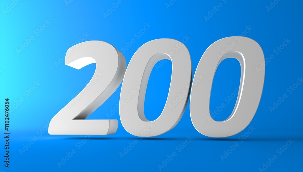 Number 200 in white on light blue background, isolated number. Two hundred 3d number. Number 200 in white on light blue background, isolated number. Two hundred 3d number.