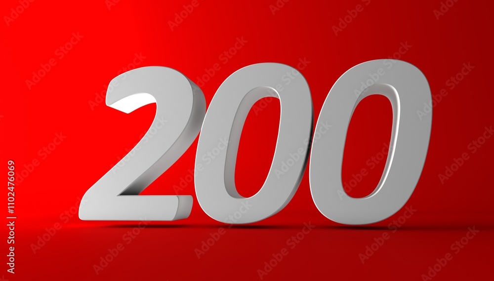 Number 200 in white on light red background, isolated number. Two hundred 3d number. Number 200 in white on light red background, isolated number. Two hundred 3d number.