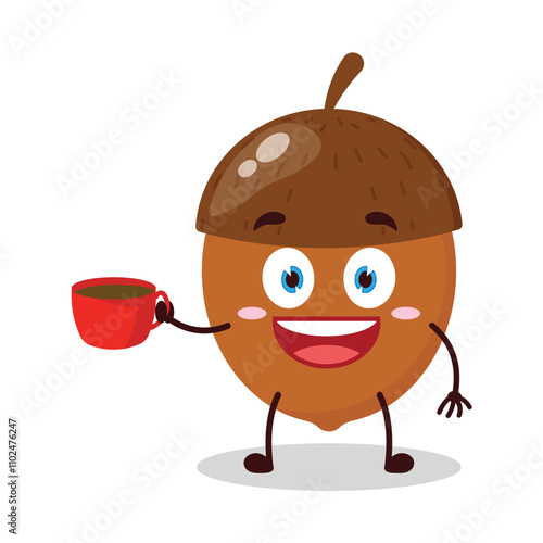 cute cheerful expression of walnut cartoon character carry cup of coffee