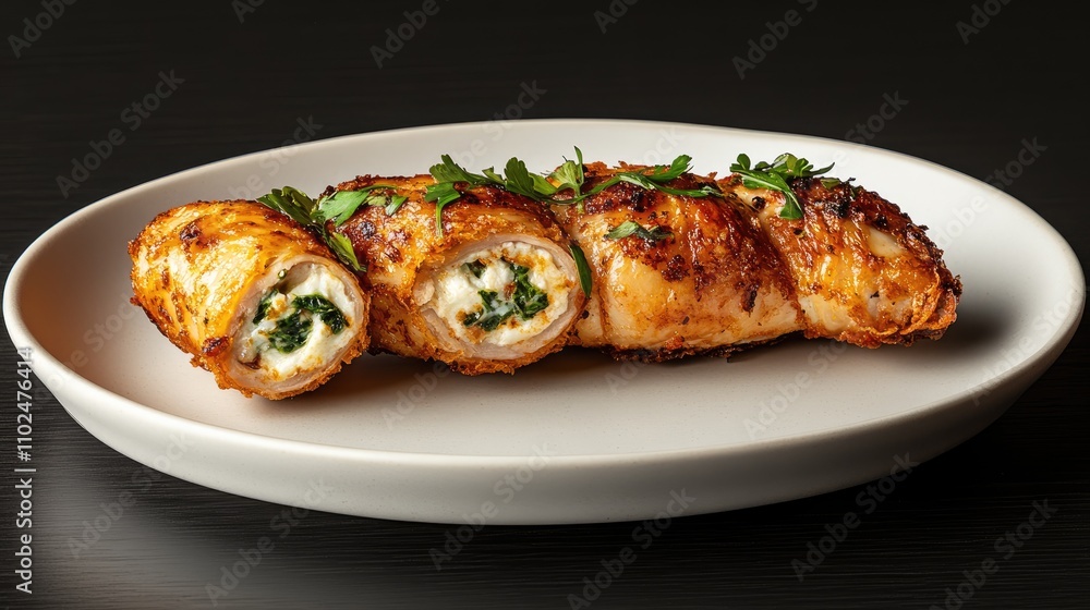 Grilled chicken wrap filled with fresh spinach and melted cheese, beautifully cut in half on a kitchen table, ready to enjoy Grilled chicken wrap filled with fresh spinach and melted cheese, beautifully cut in half on a kitchen table, ready to enjoy