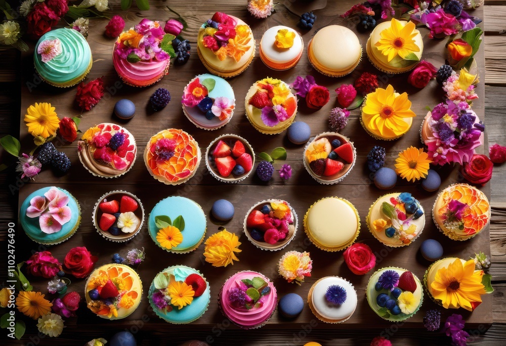 captivating vibrant flat lay display colorful desserts featuring bright treats ideal dessert inspiration, cake, cookie, candy, macaron, pastry captivating vibrant flat lay display colorful desserts featuring bright treats ideal dessert inspiration, cake, cookie, candy, macaron, pastry