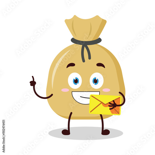 cute happy expression of money bag cartoon character bring envelope letter