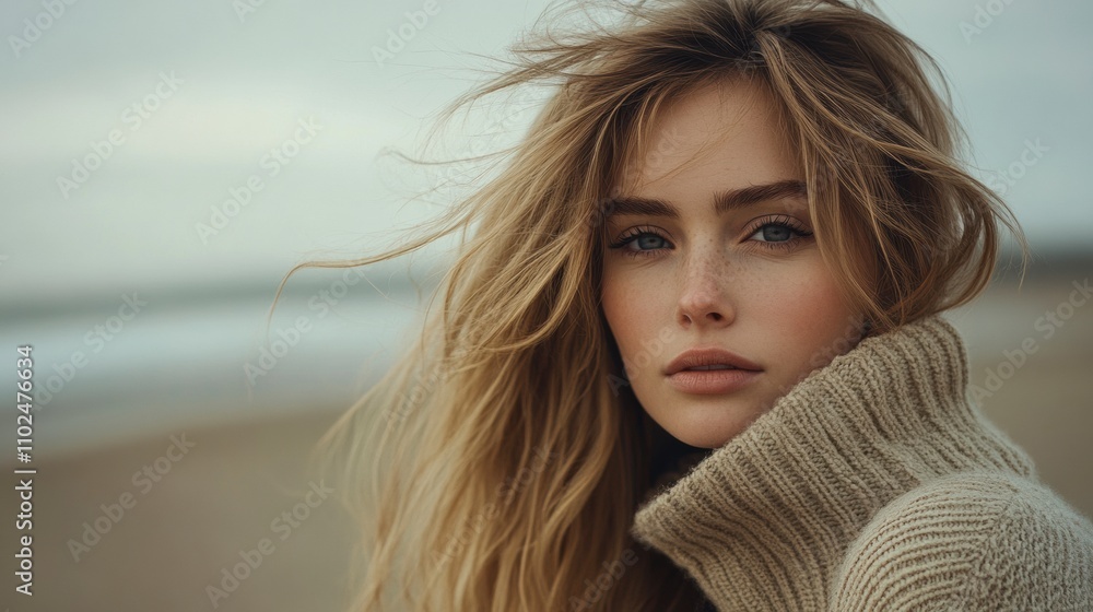 Femme pensive d'apparence slave blonde naturelle avec des cheveux longs, une texture de peau détaillée dans un temps beige et venteux Femme pensive d'apparence slave blonde naturelle avec des cheveux longs, une texture de peau détaillée dans un temps beige et venteux