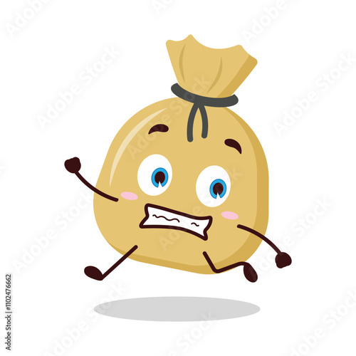 cute terrified running expression of money bag cartoon character