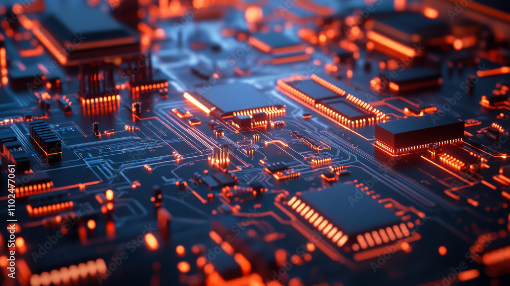 Close-up view of a modern microchip on a circuit board, showcasing intricate connections and electronic components during nighttime Close-up view of a modern microchip on a circuit board, showcasing intricate connections and electronic components during nighttime