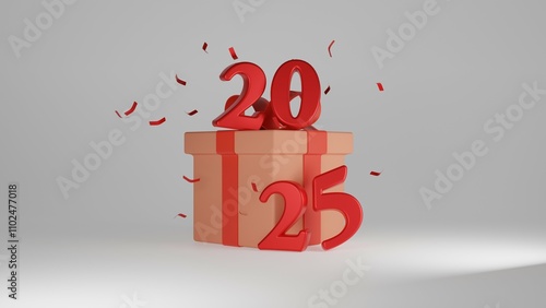 Festive 3D rendering of the year 2025 with bold red numbers emerging from a gift box, surrounded by celebratory confetti. A joyful and vibrant design perfect for New Year themes, events, and promotion