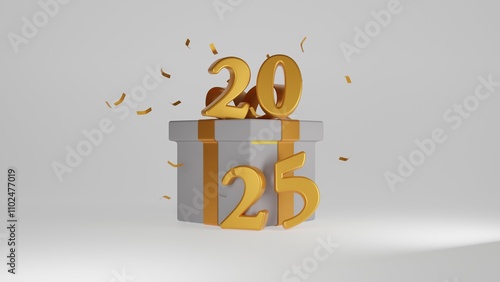 Elegant 3D design of the year 2025 with golden numbers emerging from a white gift box, adorned with matching golden ribbons and confetti. Perfect for New Year celebrations, promotions, and festive the