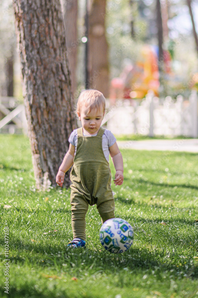 Toddler Playing with a Ball in a Sunny Park. Toddler Playing with a Ball in a Sunny Park.