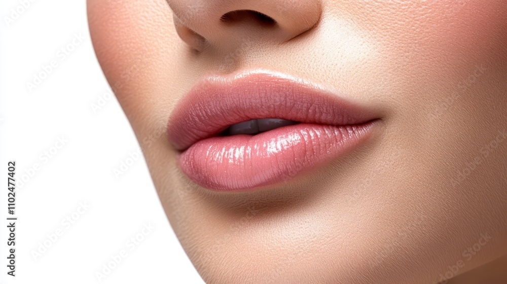 Fototapeta premium A close-up view of a woman's beautiful mouth with a soft pinkish tint, isolated on a white background, showcasing the natural contours and texture of the lips
