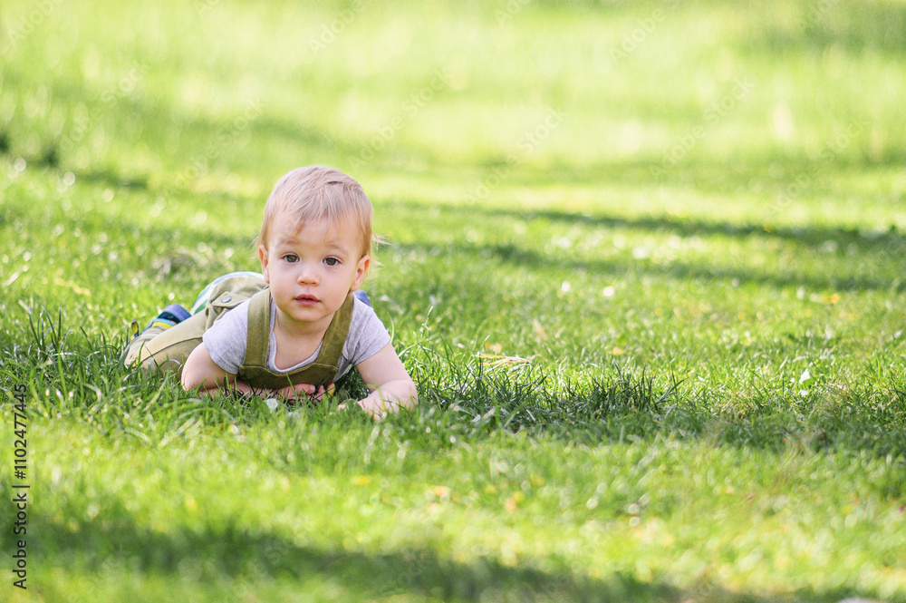 Toddler Lying on Grass in a Sunny Park Toddler Lying on Grass in a Sunny Park